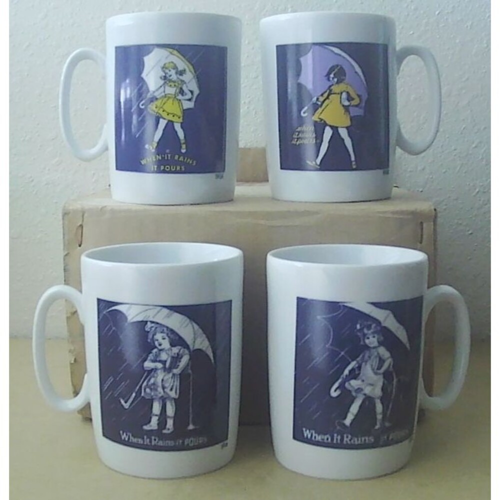 Morton Salt Cups Coffee Mugs Set of 4 1914 1921 1956 1968 When It Rains It Pours